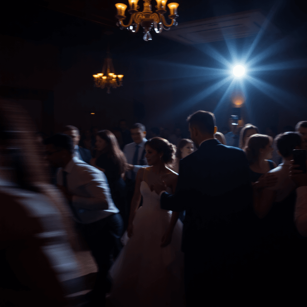 moody reception lighting, guests dancing